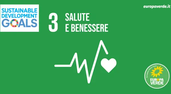 Obiettivo 3 Agenda 2030: Salute e Benessere. Grafica con elettrocardiogramma e cuore, logo Europa Verde.