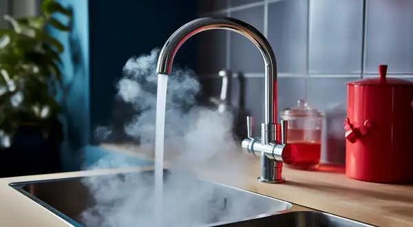 Rubinetto eroga acqua bollente, mostrando come avere acqua calda senza caldaia. Vapore sale dal lavello.