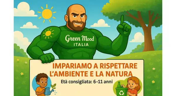 Supereroe verde insegna l'ecologia scuola primaria: bambini innaffiano piante e riciclano. Imparare a rispettare l'ambiente!