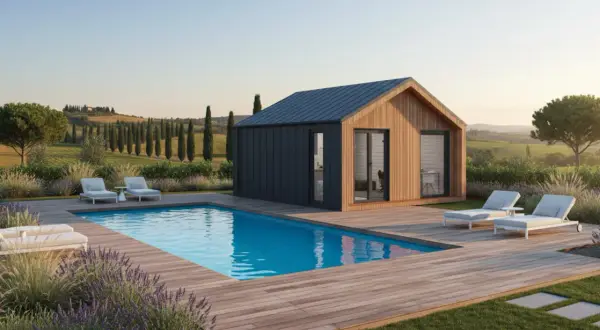 Modern prefab house with pool and lounge chairs in a Tuscan landscape.