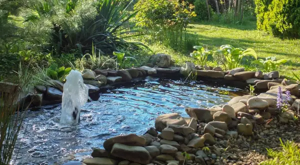 Un laghetto in giardino con fontana e rocce. Un esempio di come fare un laghetto in giardino, con piante rigogliose e un'atmosfera rilassante.