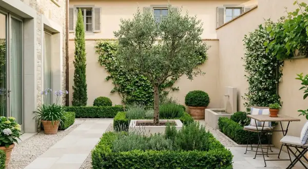 Un elegante progetto giardino 100 mq con ulivo centrale, lavanda, rosmarino, siepi curate, fontana e un piccolo tavolo.