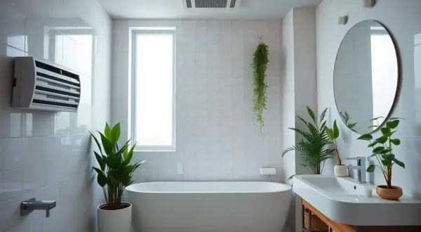 Bagno moderno con vasca, piante e un sistema di aerazione bagno cieco a parete per un ambiente sempre fresco.