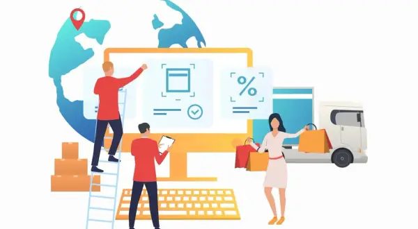 Persone interagiscono con un monitor che mostra icone di spedizione e percentuali, mentre un camion e borse della spesa suggeriscono la logistica di ritorno.