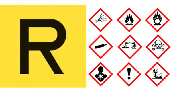 Simboli di pericolo per rifiuti pericolosi e non pericolosi. La "R" su sfondo giallo indica un'area di raccolta.