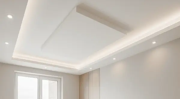Soffitto moderno con controsoffitto in cartongesso, illuminazione a LED integrata e un pannello centrale sospeso.