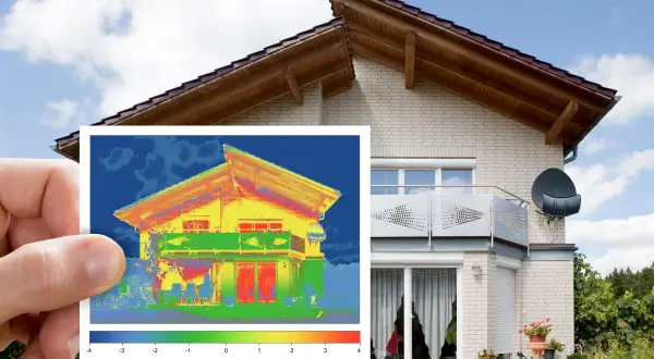 Una mano tiene una foto di una casa con termografia a infrarossi, che mostra le dispersioni di calore.