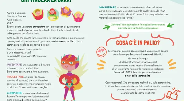 Un supereroe incoraggia a creare elaborati su sostenibilità, riciclo ed economia circolare. Premi per le idee migliori!