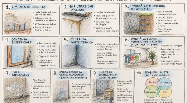 Condensa superficiale: goccioline su vetri e superfici fredde, muffa negli angoli. Peggiora in inverno, legata a poca ventilazione e temperature basse.