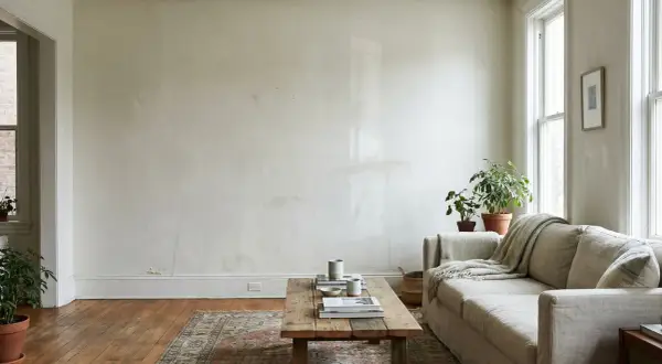 Soggiorno con divano beige, tavolino in legno e pareti che mostrano le imperfezioni, suggerendo tecniche di pittura pareti per un look rustico.
