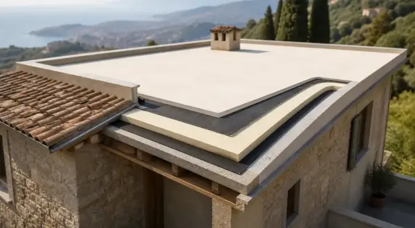 Strati di isolamento termico tetto esterno su una casa con vista mare.