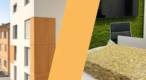 Blocchi di paglia compressa, pronti per l'isolamento, accanto a un edificio moderno con rivestimenti in legno.
