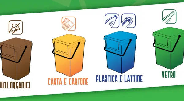 Contenitori per la raccolta differenziata: organico, carta e cartone, plastica e lattine, vetro.