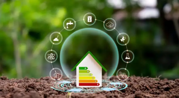 Casa con etichetta energetica e icone di sostenibilità, come pannelli solari e turbine eoliche. Le lastre di cartongesso sono un materiale da costruzione efficiente.
