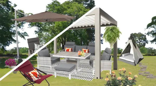 Arredamento da esterno con gazebo, divani, tavolo, sedie, lettino a forma di tenda e ombrellone. Soluzioni per creare zone d'ombra perfette.