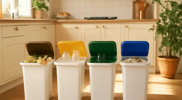 Quattro bidoni colorati (marrone, giallo, verde, blu) aiutano a differenziare i rifiuti in cucina, promuovendo un corretto smaltimento.
