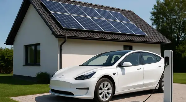 Casa con pannelli solari e auto elettrica in carica. Un esempio di come il conto termico cos'è e incentiva l'energia pulita.