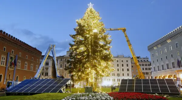 Un imponente albero di Natale illuminato, circondato da pannelli solari, simboleggia un futuro più verde per le festività.