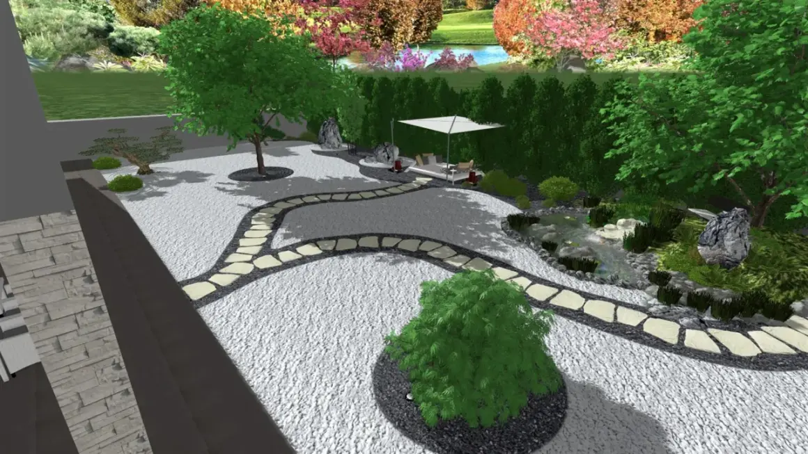 Un angolo di pace: un giardino zen fai da te con sentiero in pietra, laghetto, alberi e un'area relax sotto un ombrellone.
