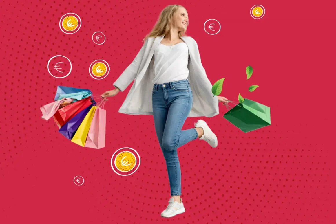Donna felice con borse della spesa colorate, monete euro e foglie verdi. Il fast fashion pro e contro: convenienza vs impatto ambientale.