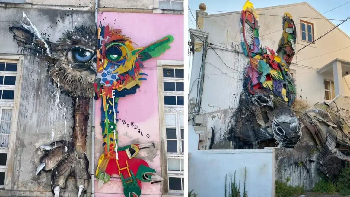 Opere d'arte con rifiuti: un gufo e un asino colorato adornano le facciate, trasformando materiali di scarto in creature vivaci.
