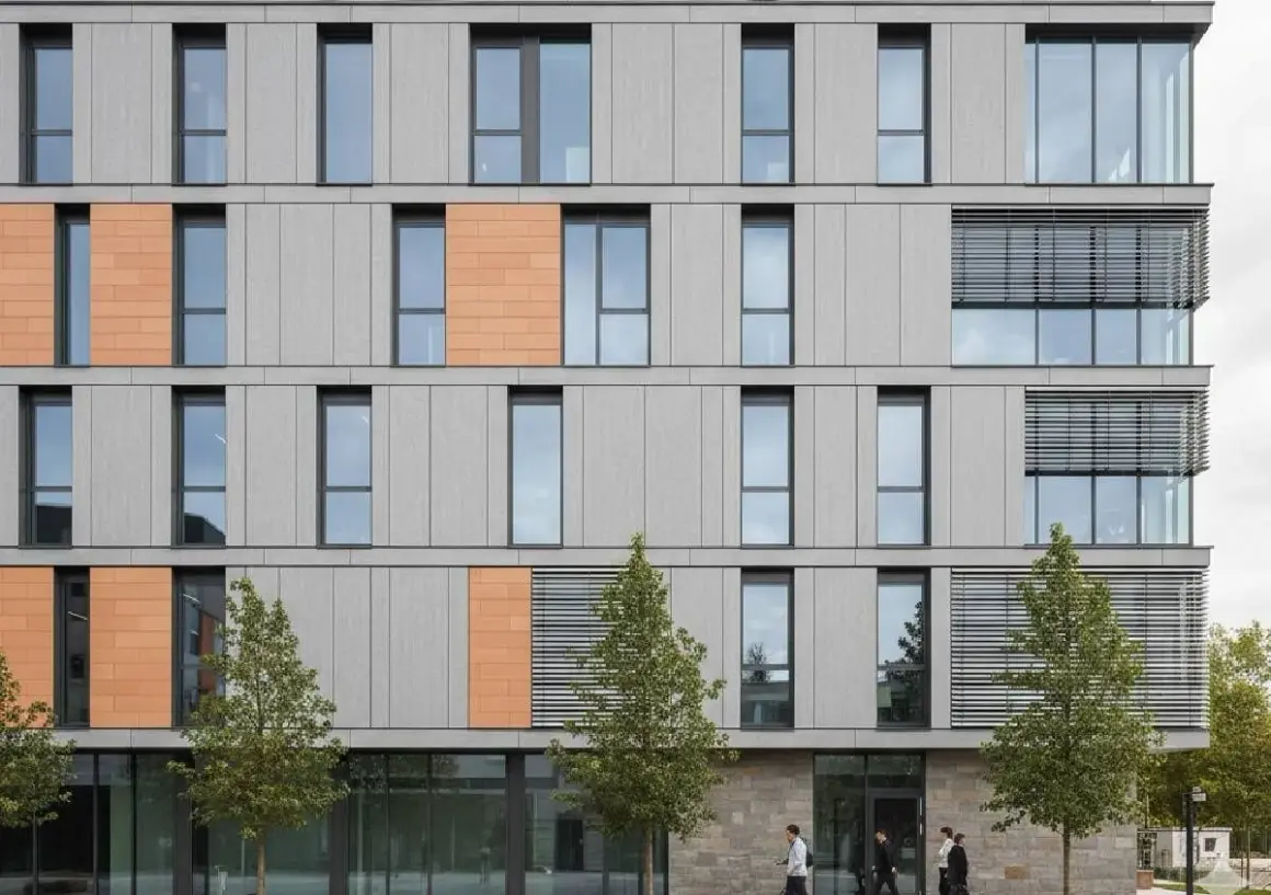 Facciate ventilate prezzi: edificio moderno con pannelli grigi e arancioni, finestre ampie e alberi.