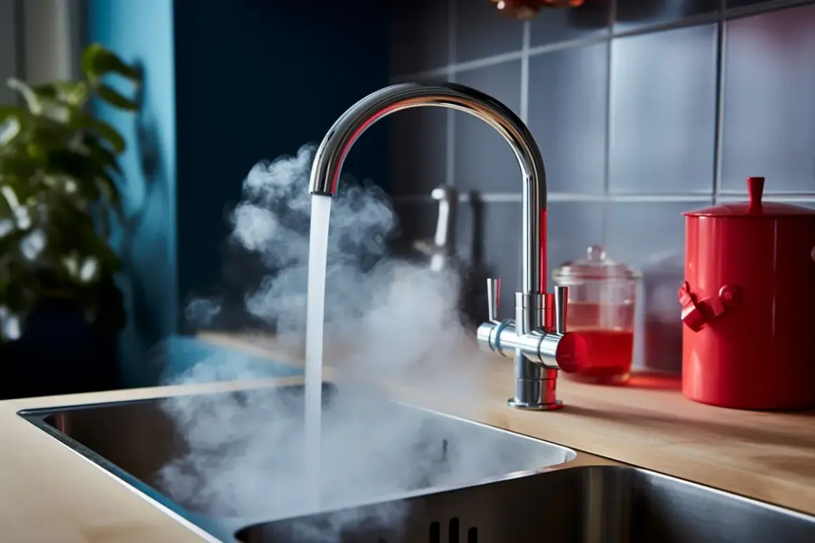 Rubinetto eroga acqua bollente, mostrando come avere acqua calda senza caldaia. Vapore sale dal lavello.