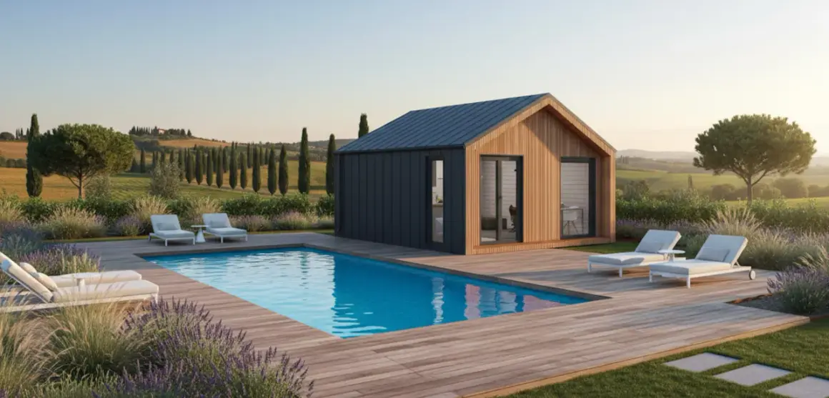 Modern prefab house with pool and lounge chairs in a Tuscan landscape.