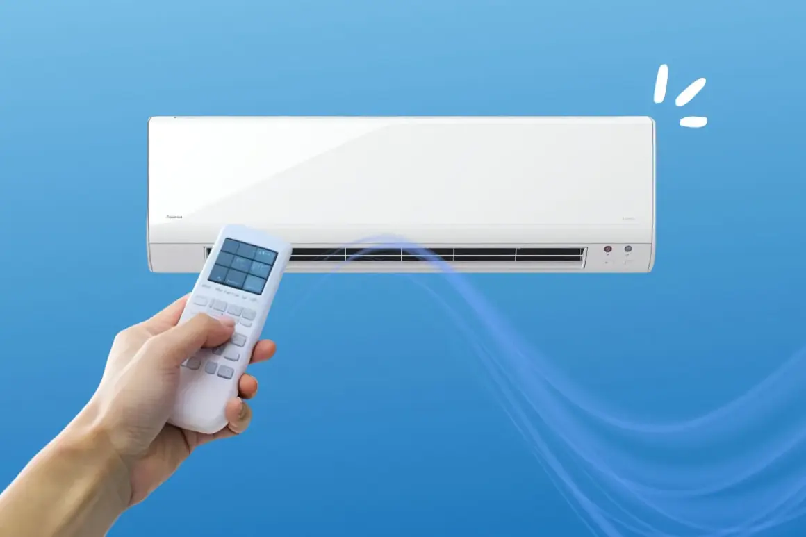 Un telecomando controlla un condizionatore per rinfrescare casa. L'aria fresca si diffonde creando un'atmosfera piacevole.