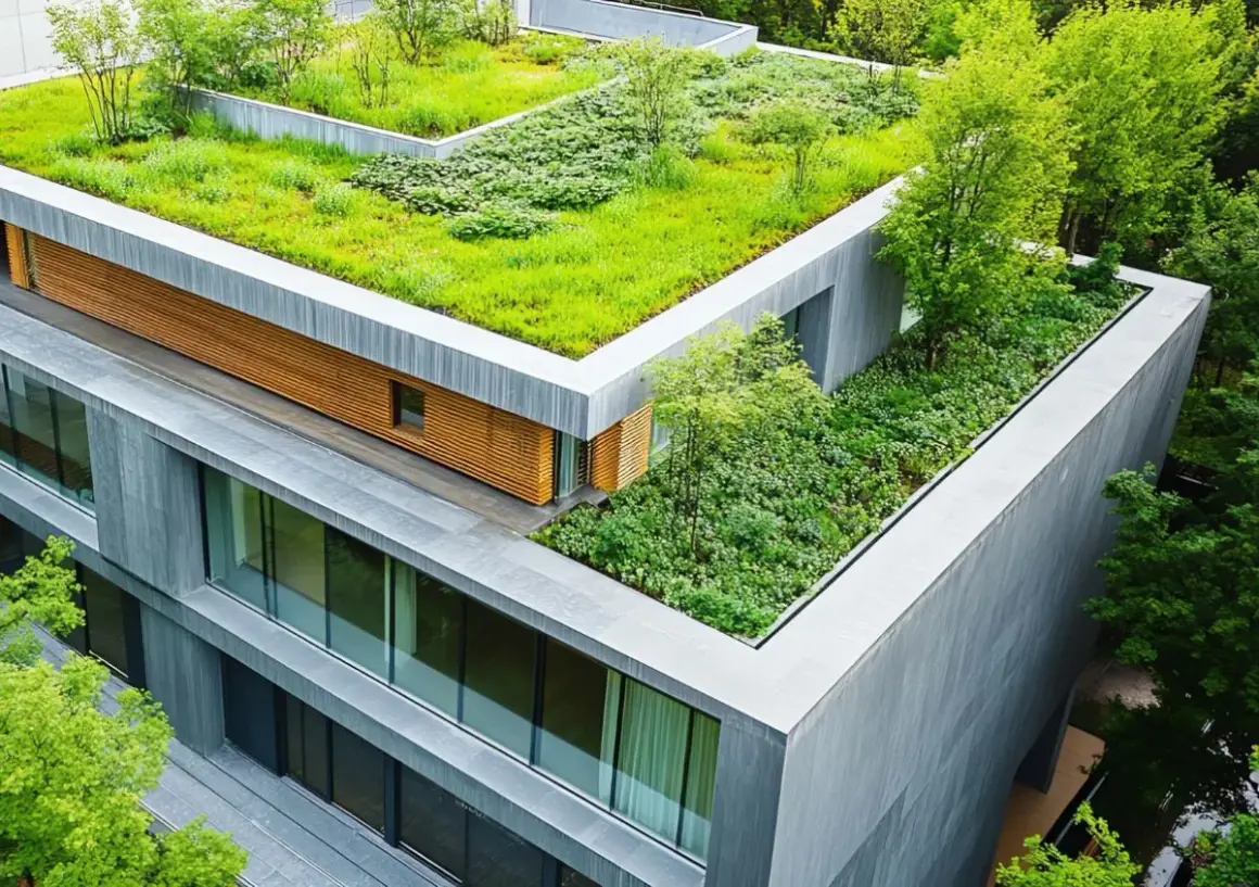 Un moderno edificio con un rigoglioso tetto verde estensivo, circondato da alberi.