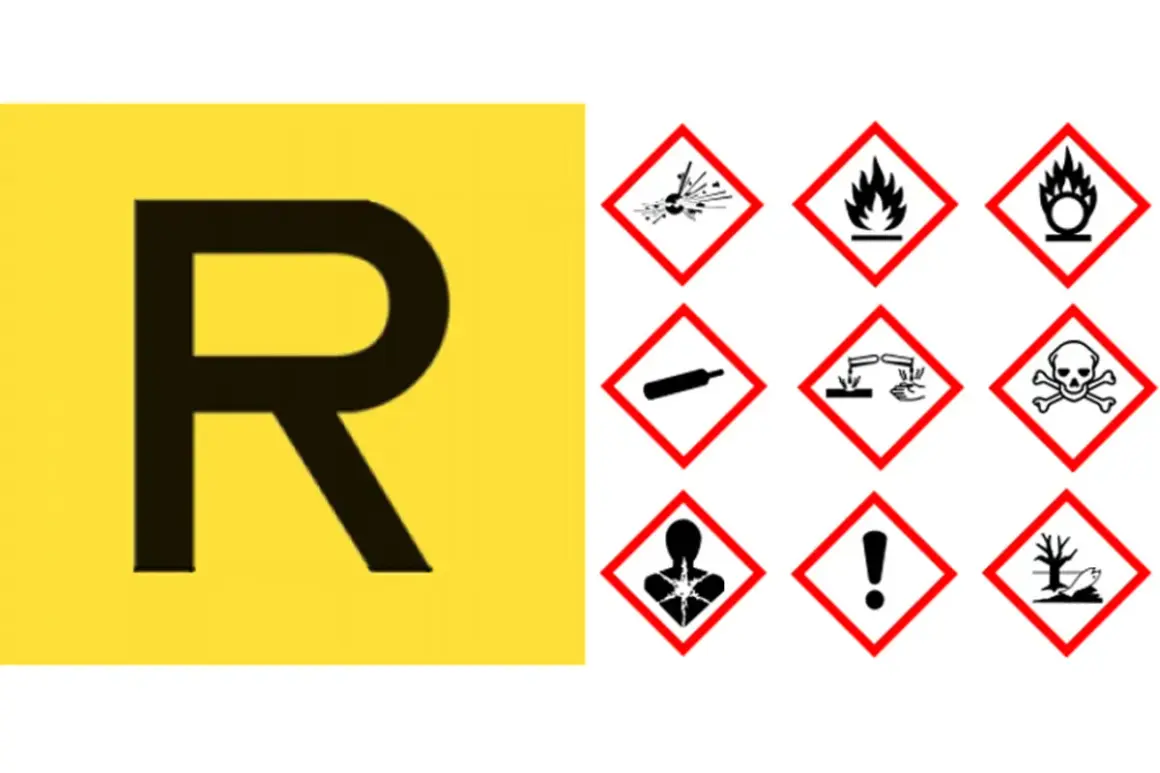 Simboli di pericolo per rifiuti pericolosi e non pericolosi. La "R" su sfondo giallo indica un'area di raccolta.