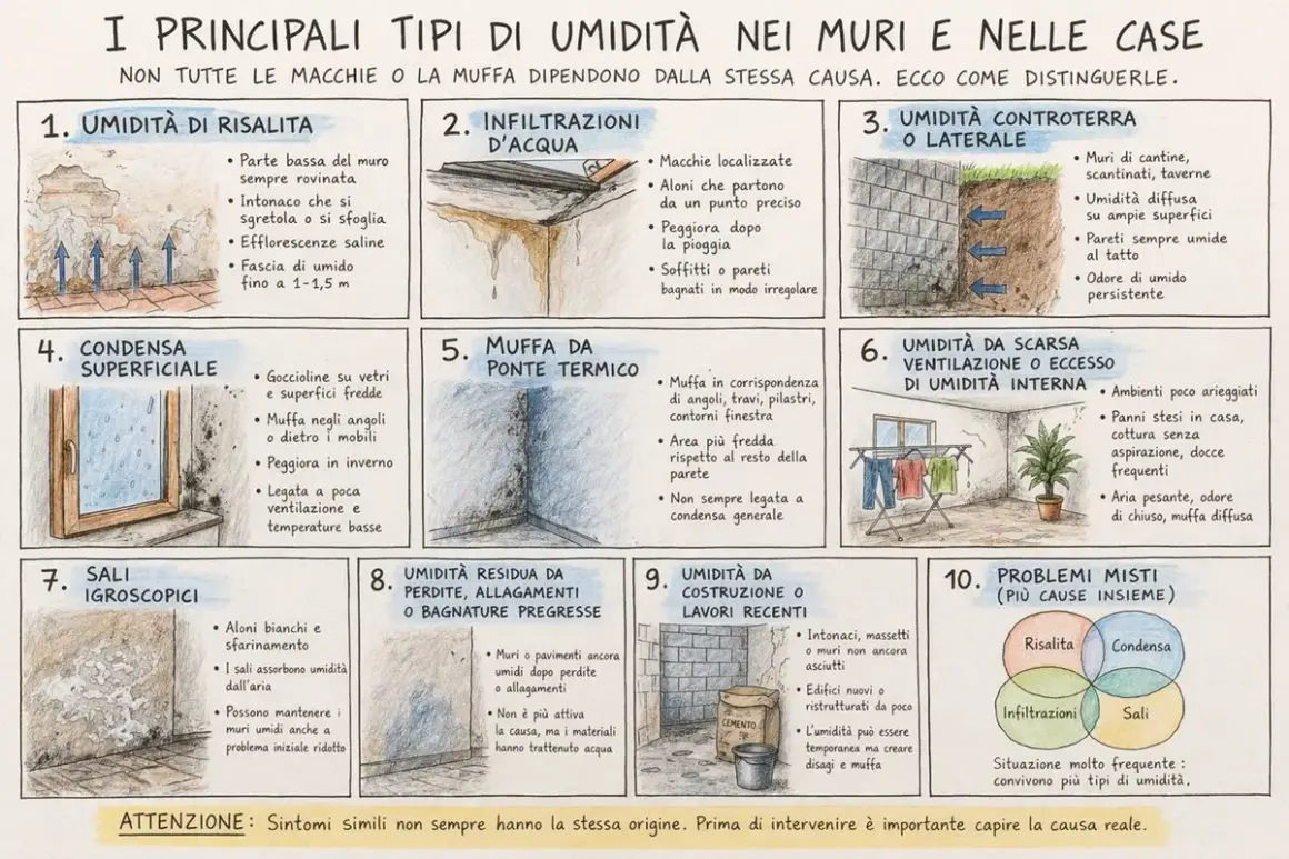 Condensa superficiale: goccioline su vetri e superfici fredde, muffa negli angoli. Peggiora in inverno, legata a poca ventilazione e temperature basse.