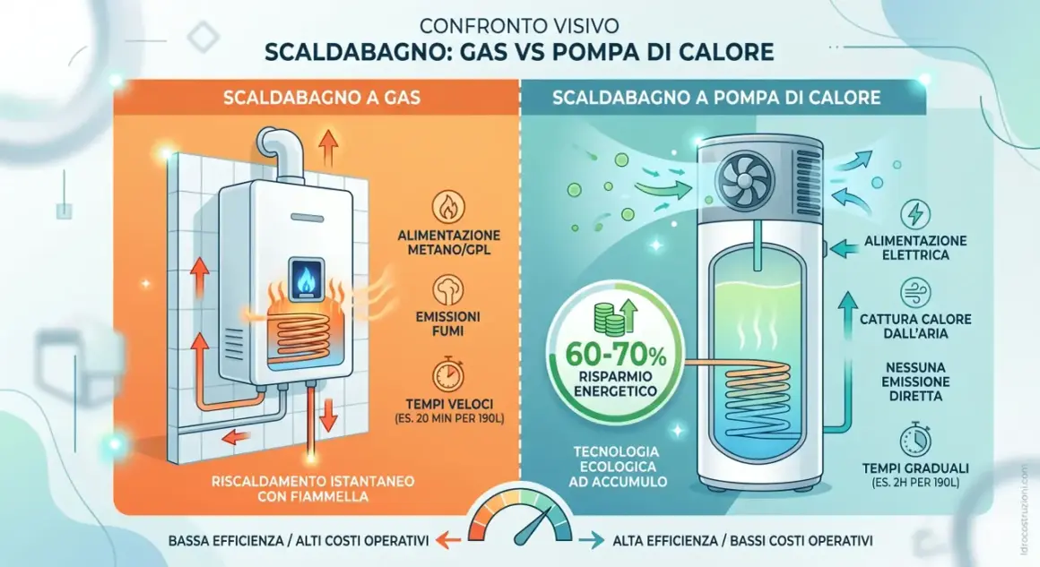 Confronto tra scaldabagno a gas e pompa di calore per acqua calda. La pompa di calore è più efficiente ed ecologica.