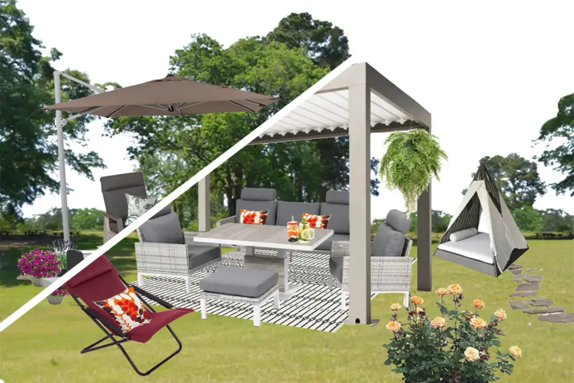 Arredamento da esterno con gazebo, divani, tavolo, sedie, lettino a forma di tenda e ombrellone. Soluzioni per creare zone d'ombra perfette.