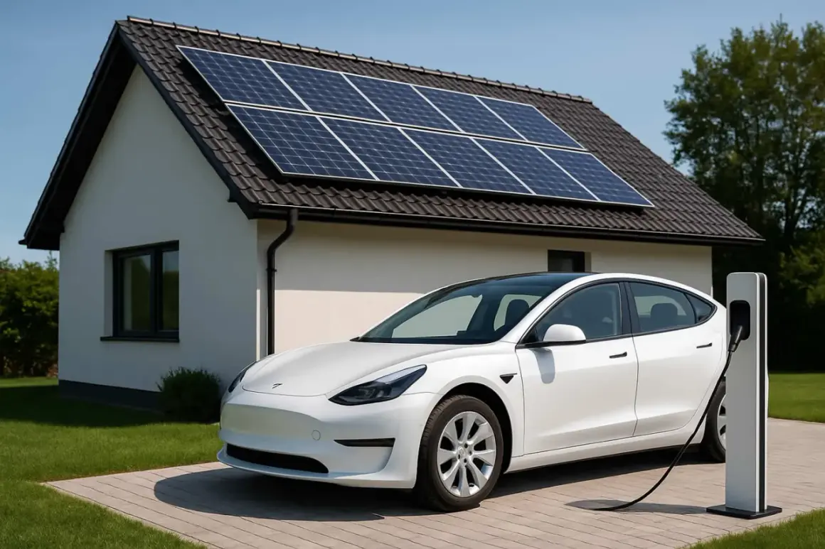 Casa con pannelli solari e auto elettrica in carica. Un esempio di come il conto termico cos'è e incentiva l'energia pulita.