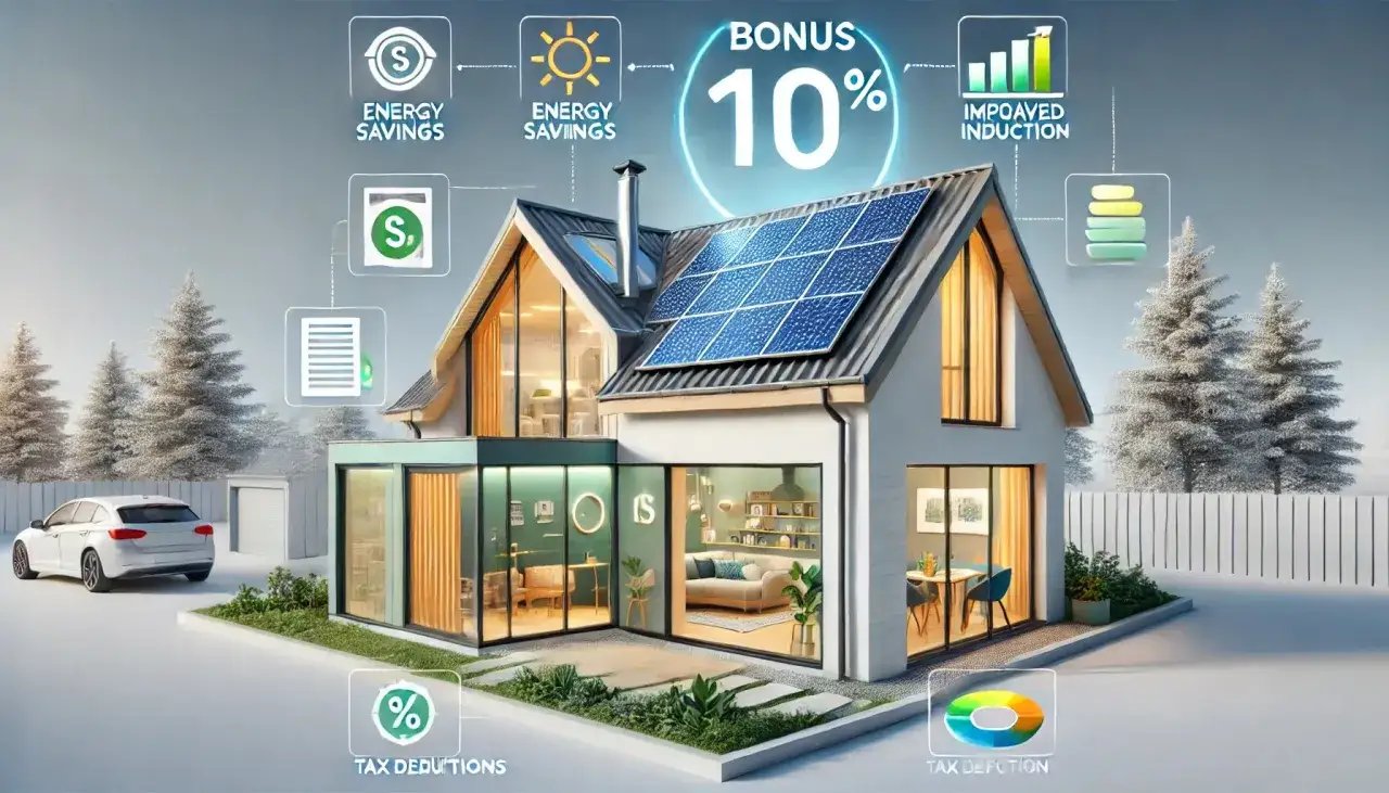 Casa moderna con pannelli solari, che illustra i benefici del conto termico: risparmio energetico, bonus 10%, incentivi e detrazioni fiscali.