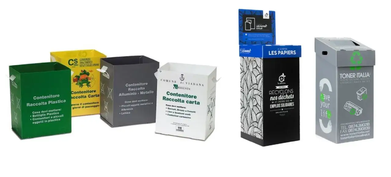 Contenitori per la raccolta differenziata: plastica, alluminio, metallo e imballaggi carta e cartone.