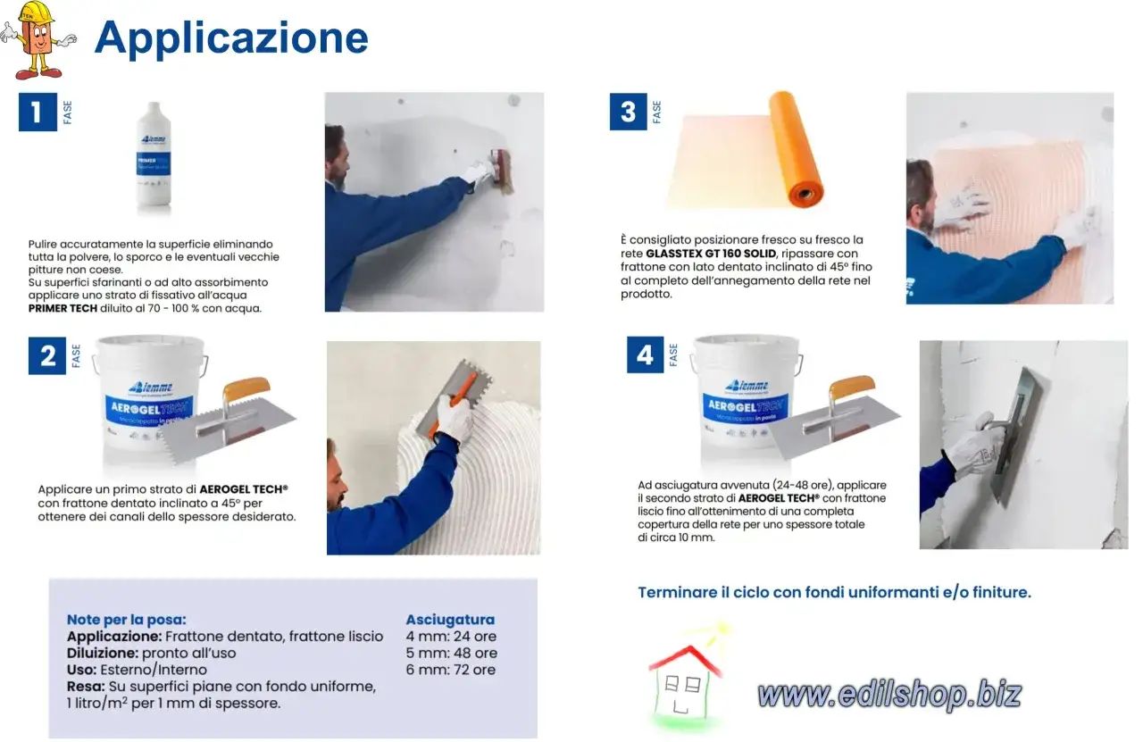 Applicazione di AEROGEL TECH: primo strato con frattone dentato, secondo strato liscio per uno spessore totale di circa 10 mm.