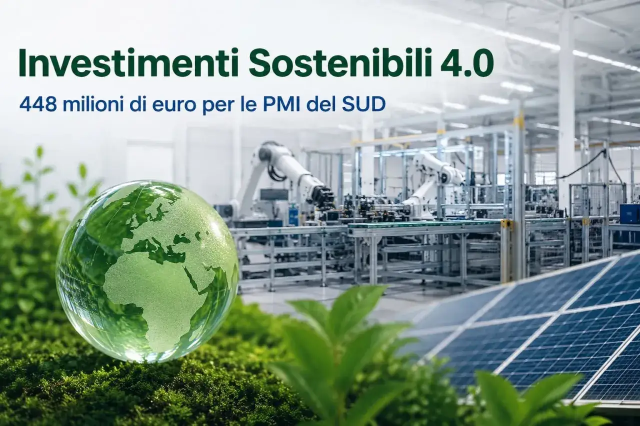 Globo verde su muschio, pannelli solari e robot industriali. Investimenti sostenibili 4.0: esempi di green economy per le PMI del Sud.