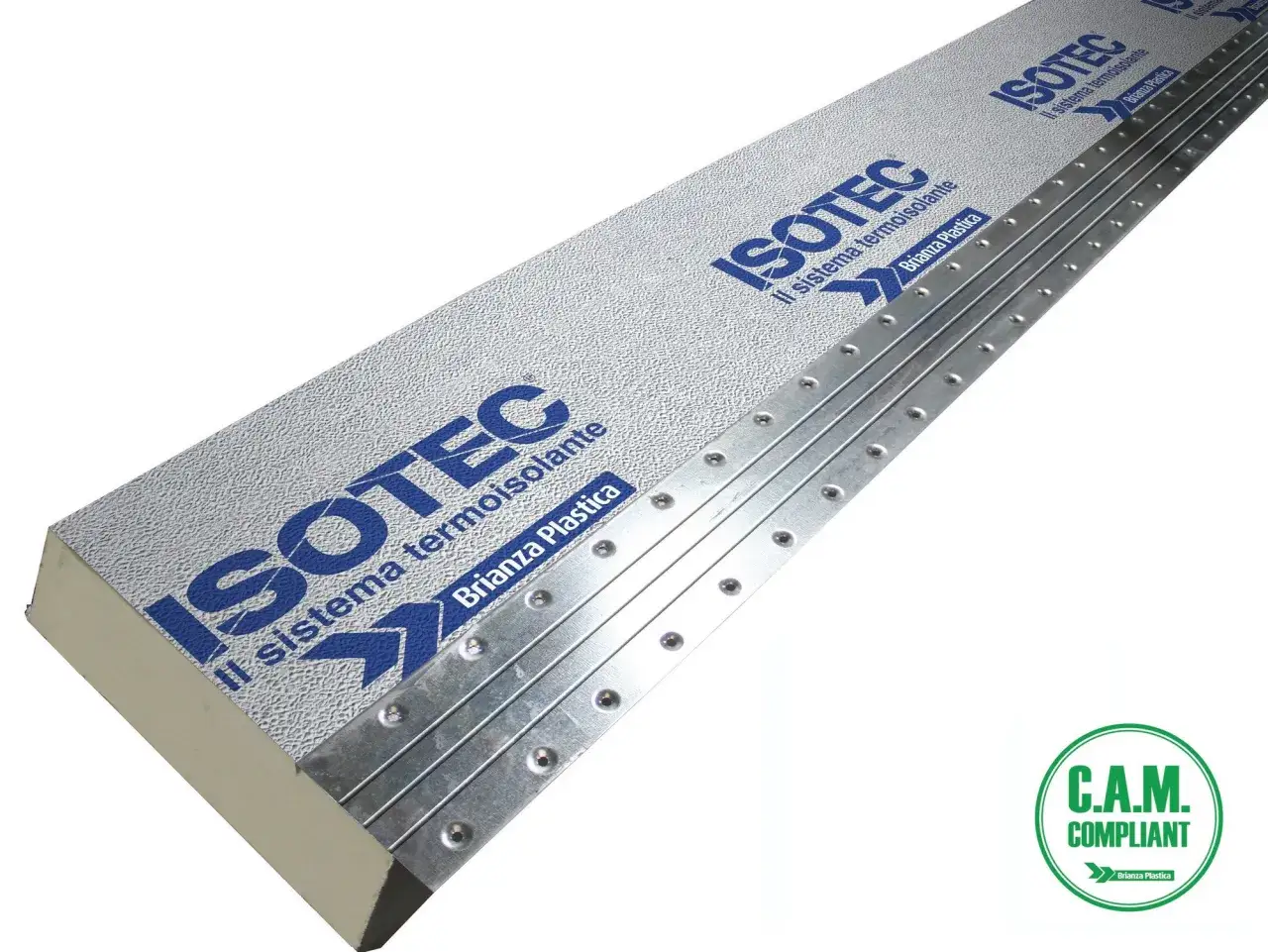 Pannello isolante Isotec Brianza Plastica, con profili metallici e logo C.A.M. compliant.