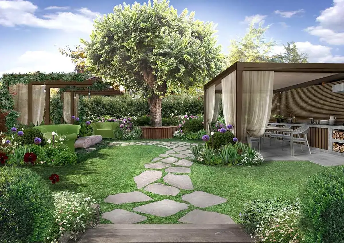 Un incantevole progetto giardino 50 mq con prato verde, sentiero in pietra, divanetti, pergolato e zona pranzo esterna.