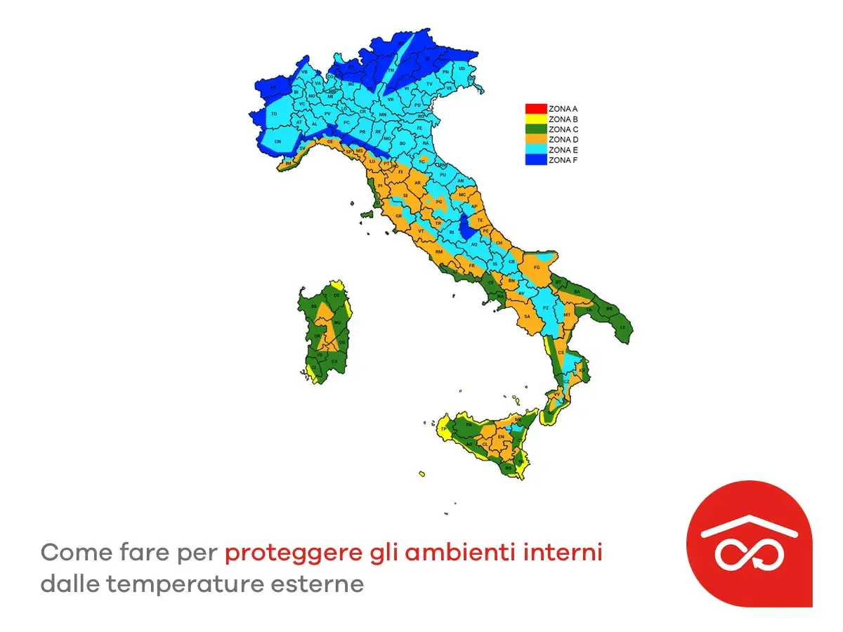 Mappa Italia divisa per zona climatica, utile per valutare la trasmittanza degli edifici e proteggere gli ambienti interni.