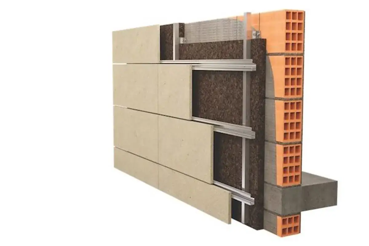 Sezione di facciate ventilate con pannelli isolanti e struttura metallica. Informazioni sui facciate ventilate prezzi.