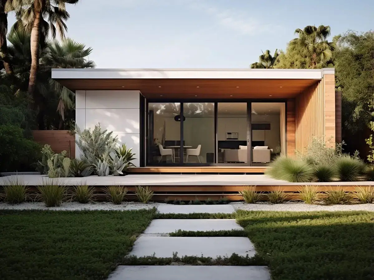 Moderna casa ecosostenibile prefabbricata con ampie vetrate, circondata da vegetazione lussureggiante e palme.