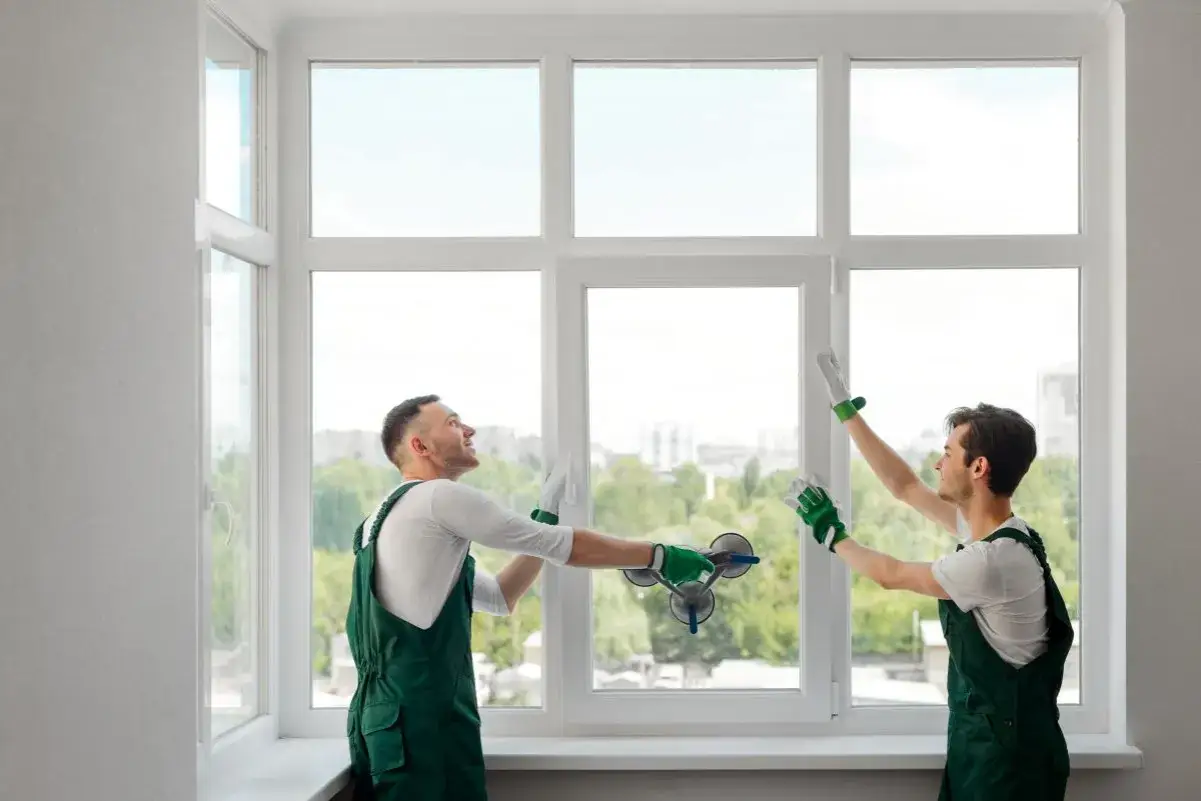 Operai in tuta verde eseguono la sostituzione vetro finestra, uno con ventose per maneggiare il pannello.
