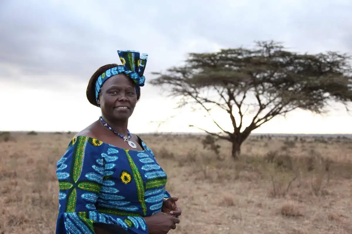 Wangari Maathai spiegata ai bambini: una donna sorride in un paesaggio africano, con un albero sullo sfondo.