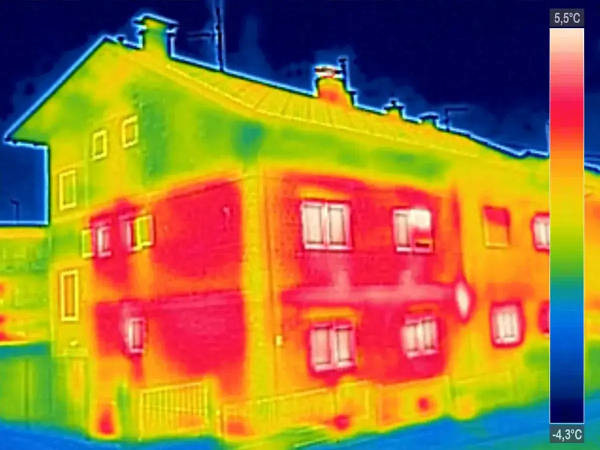 Termografia a infrarossi di una casa: aree rosse indicano dispersioni di calore, verdi e blu zone pi&ugrave; fredde.