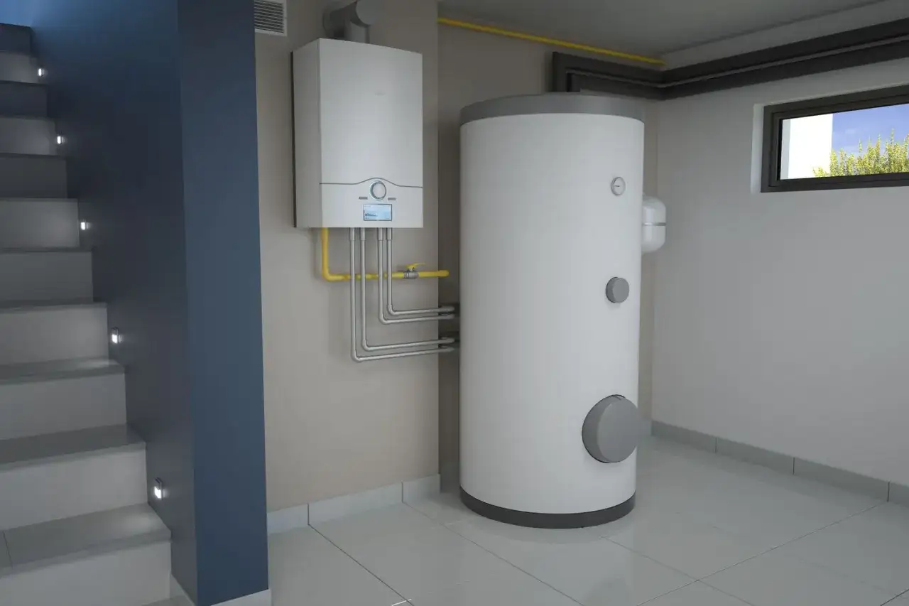 Sistema per avere acqua calda senza caldaia: un boiler bianco affiancato da un'unità a muro.