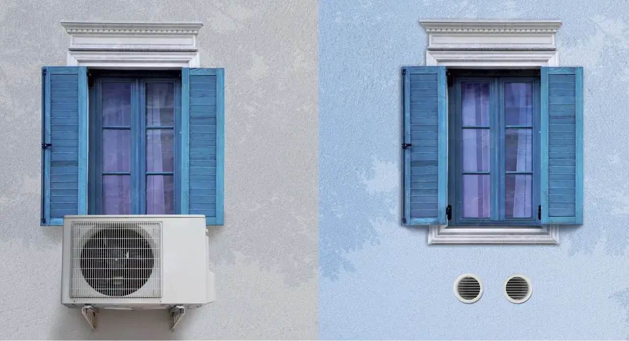 Confronto tra condizionatori con unit&agrave; esterna e condizionatori senza unit&agrave; esterna come funzionano: uno ha l'unit&agrave; esterna visibile, l'altro ha solo griglie di ventilazione.