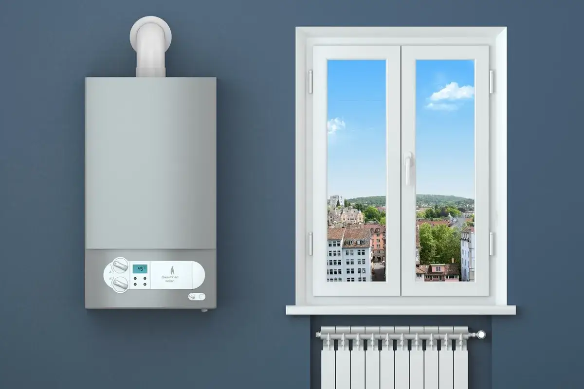 Caldaia a gas moderna e radiatore, in linea con la normativa risparmio energetico. Vista sulla città dalla finestra.